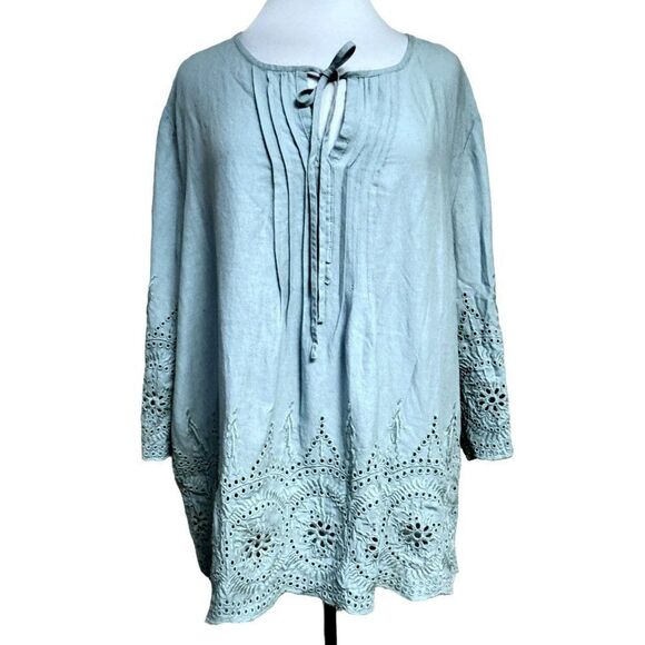 Saint Tropez West Eyelet Linen Blend Pullover Peasant Blouse Top Sz 2X Sky Blue - Picture 6 of 9